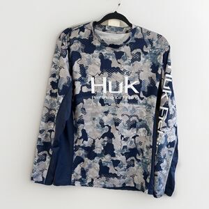 HUK PERFORMANCE FISHING Shirt Small Blue Camo Long Sleeve Activewear Camo